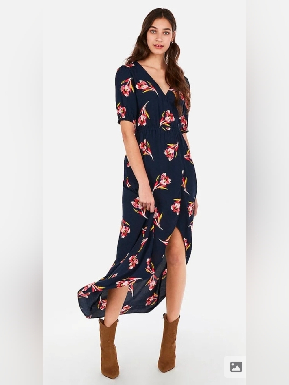 Express Navy Floral Wrap Maxi Dress with Pink & Yellow Blooms